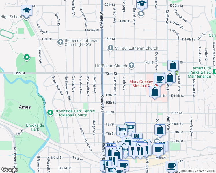 map of restaurants, bars, coffee shops, grocery stores, and more near 620 12th Street in Ames