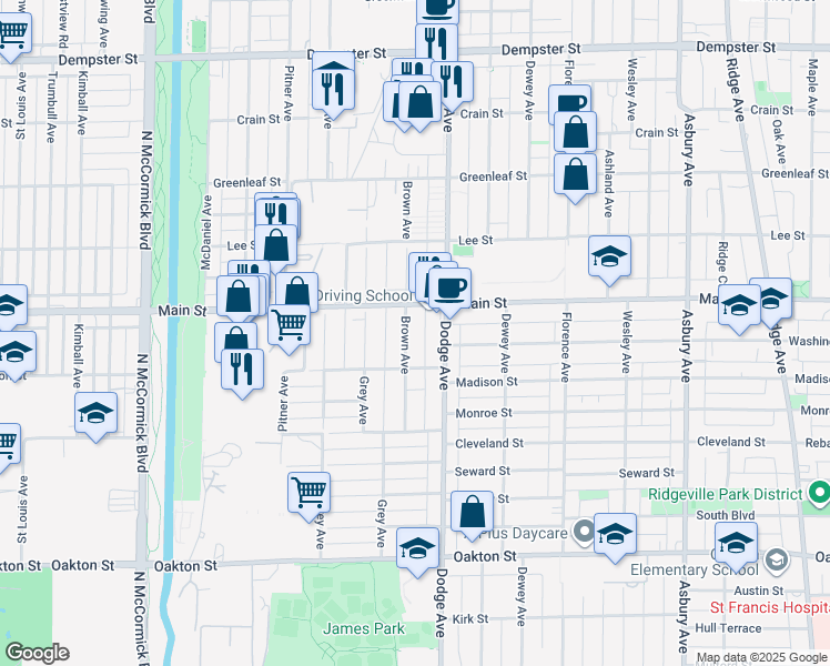 map of restaurants, bars, coffee shops, grocery stores, and more near 827 Brown Avenue in Evanston