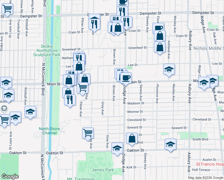 map of restaurants, bars, coffee shops, grocery stores, and more near 826 Brown Avenue in Evanston