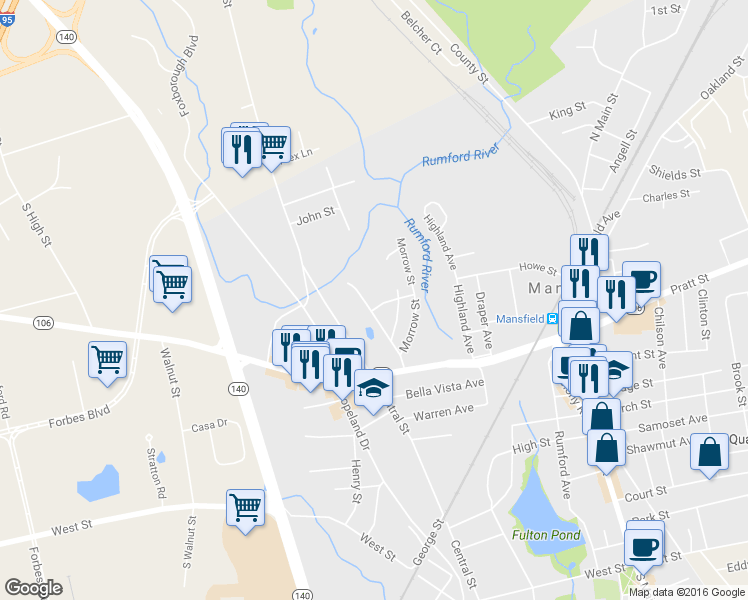map of restaurants, bars, coffee shops, grocery stores, and more near 21 Webster Street in Mansfield