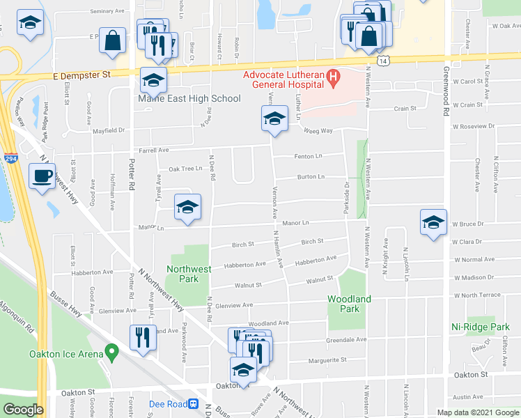 map of restaurants, bars, coffee shops, grocery stores, and more near 2037 De Cook Avenue in Park Ridge