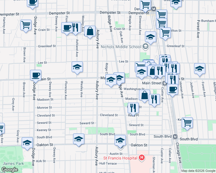 map of restaurants, bars, coffee shops, grocery stores, and more near 1125 Washington Street in Evanston