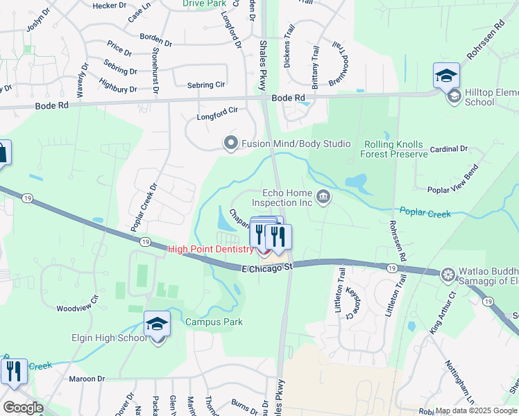 map of restaurants, bars, coffee shops, grocery stores, and more near 1384 Cimarron Court in Elgin