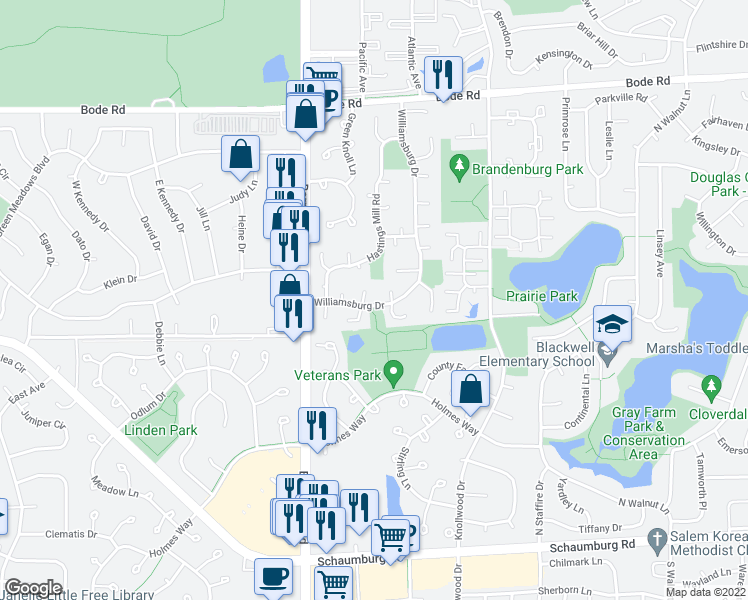 map of restaurants, bars, coffee shops, grocery stores, and more near 1824 Williamsburg Drive in Streamwood