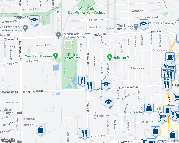 map of restaurants, bars, coffee shops, grocery stores, and more near 1083 South Wolf Road in Des Plaines