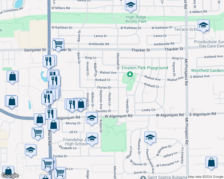 map of restaurants, bars, coffee shops, grocery stores, and more near 425 Florian Drive in Des Plaines