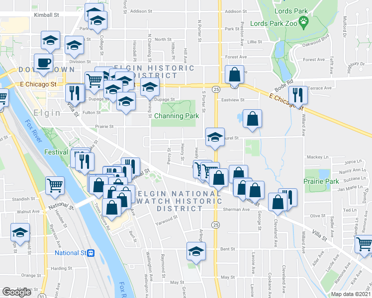 map of restaurants, bars, coffee shops, grocery stores, and more near 217 Henry Street in Elgin