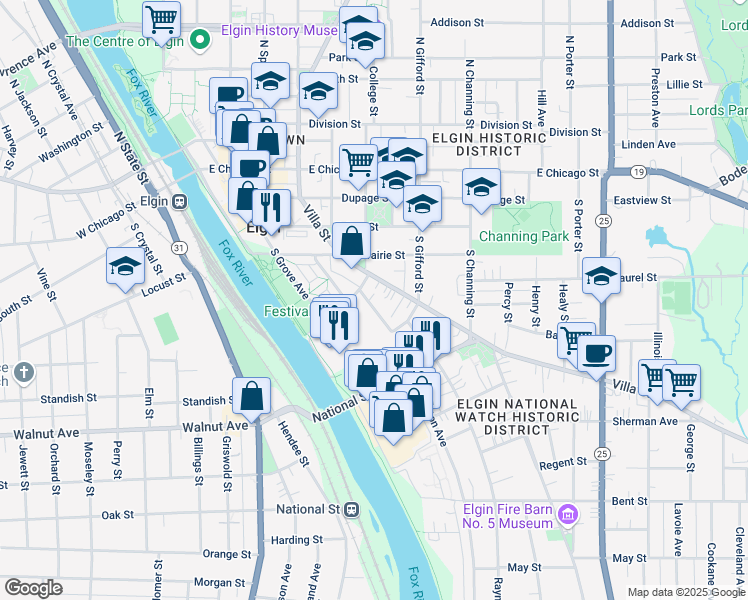 map of restaurants, bars, coffee shops, grocery stores, and more near 217 Michigan Street in Elgin