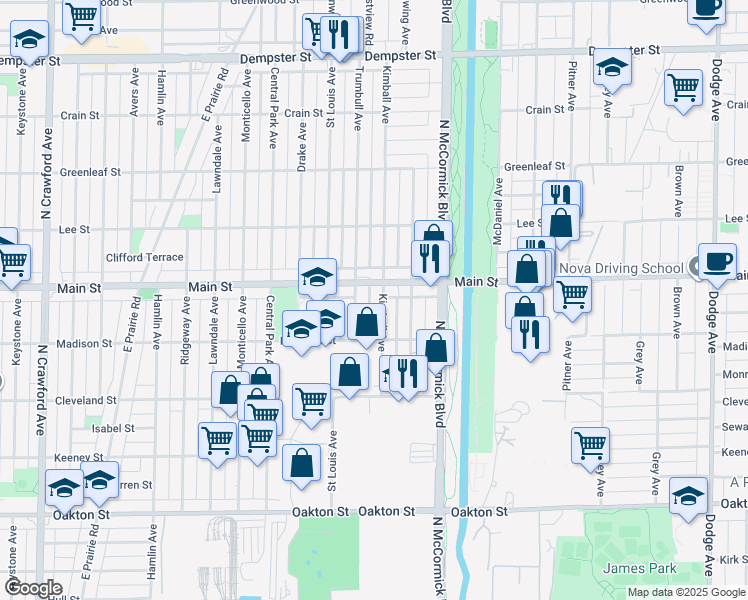 map of restaurants, bars, coffee shops, grocery stores, and more near 8344 Kimball Avenue in Skokie