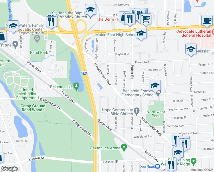 map of restaurants, bars, coffee shops, grocery stores, and more near 1400 Renaissance Drive in Park Ridge