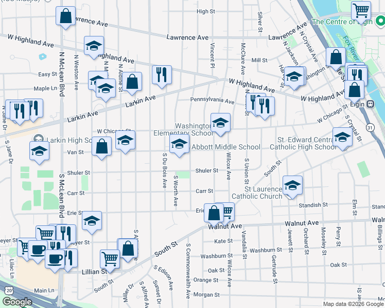 map of restaurants, bars, coffee shops, grocery stores, and more near 871 Van Street in Elgin