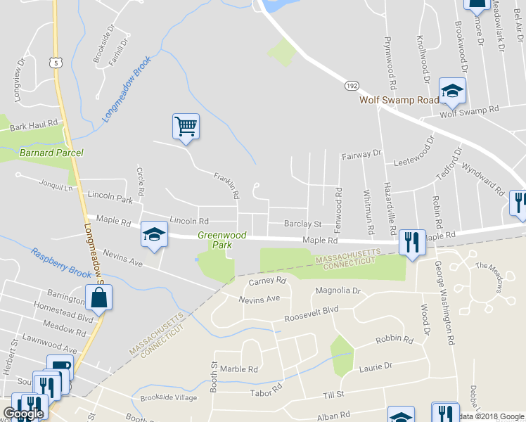 map of restaurants, bars, coffee shops, grocery stores, and more near 40 Franklin Terrace in Longmeadow