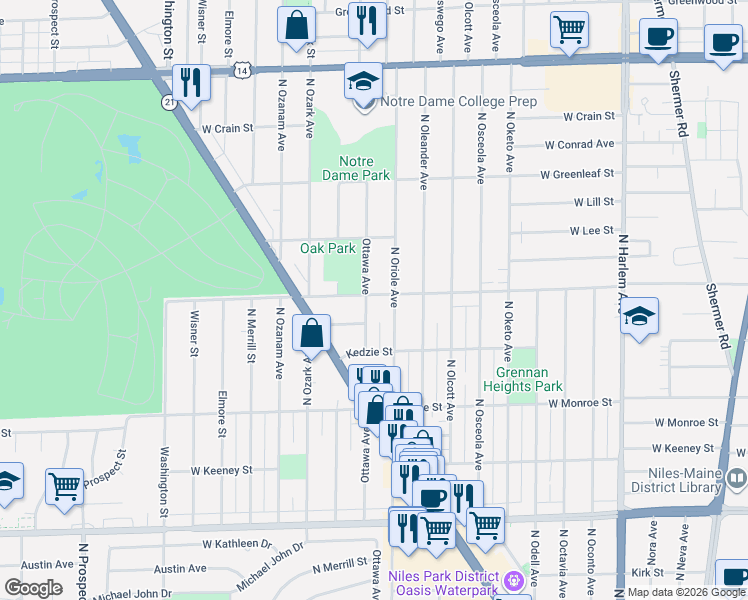 map of restaurants, bars, coffee shops, grocery stores, and more near 7635 West Main Street in Niles