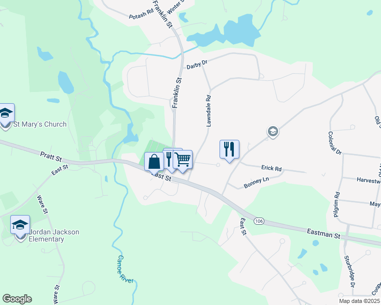 map of restaurants, bars, coffee shops, grocery stores, and more near 12 Lawndale Road in Mansfield