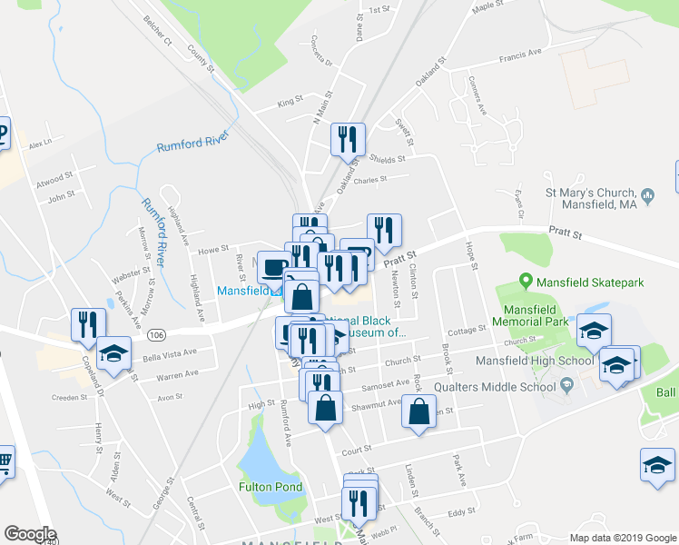 map of restaurants, bars, coffee shops, grocery stores, and more near 47 Chauncy Street in Mansfield