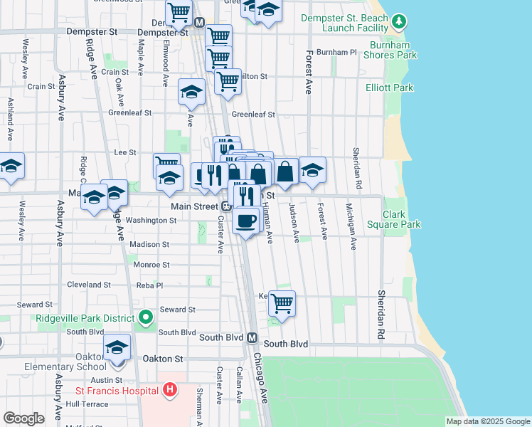 map of restaurants, bars, coffee shops, grocery stores, and more near 822 Hinman Avenue in Evanston