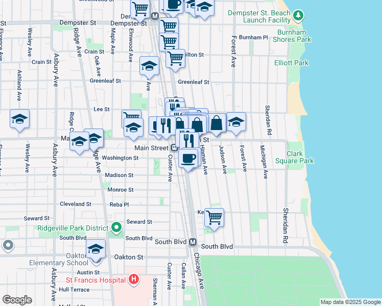 map of restaurants, bars, coffee shops, grocery stores, and more near 822 Hinman Avenue in Evanston