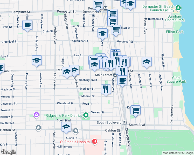 map of restaurants, bars, coffee shops, grocery stores, and more near 822 Sherman Avenue in Evanston