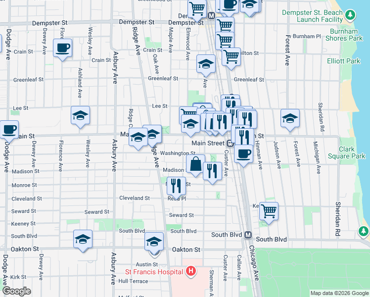 map of restaurants, bars, coffee shops, grocery stores, and more near 821 Elmwood Avenue in Evanston