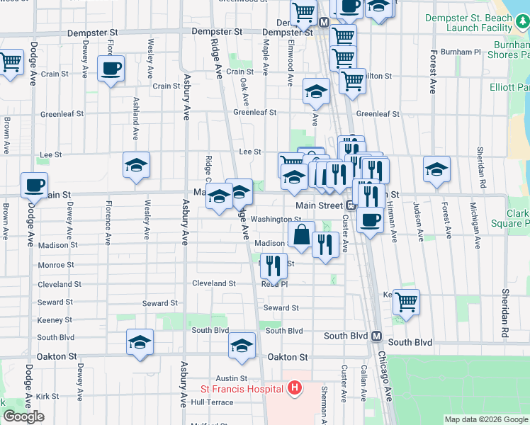 map of restaurants, bars, coffee shops, grocery stores, and more near 929 Washington Street in Evanston