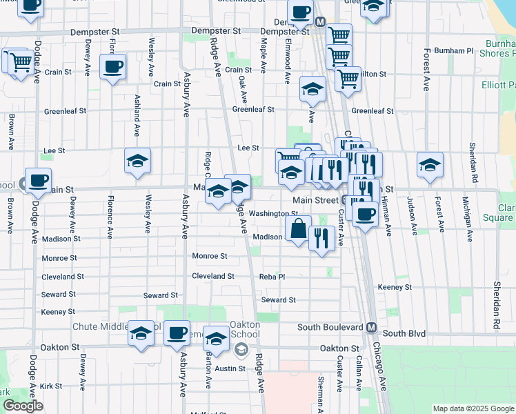 map of restaurants, bars, coffee shops, grocery stores, and more near 929 Washington Street in Evanston
