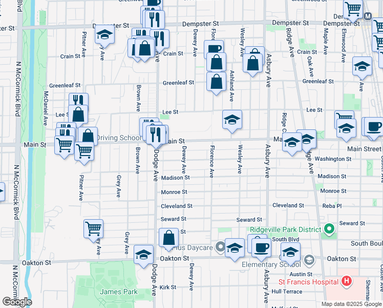 map of restaurants, bars, coffee shops, grocery stores, and more near 1625 Washington Street in Evanston