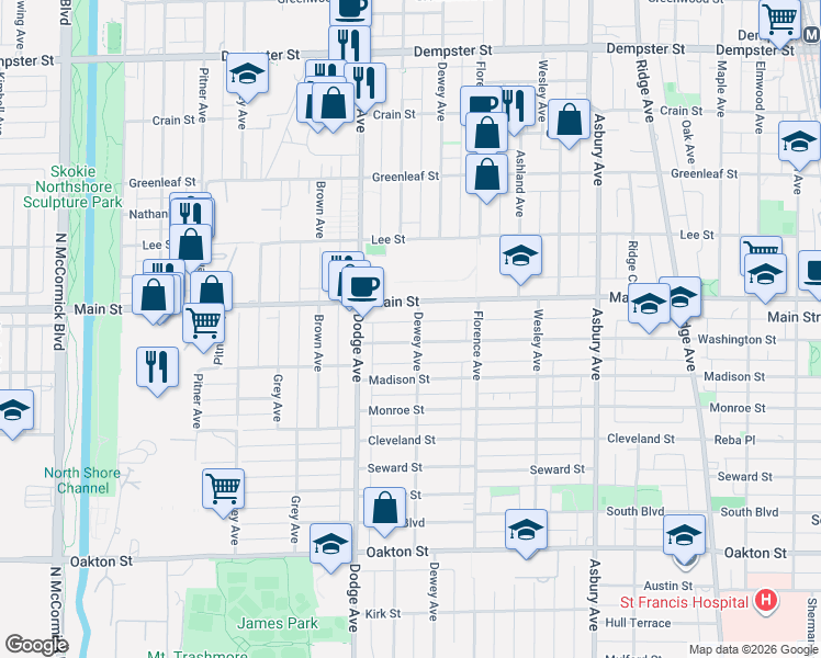 map of restaurants, bars, coffee shops, grocery stores, and more near 1729 Washington Street in Evanston