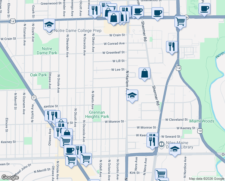 map of restaurants, bars, coffee shops, grocery stores, and more near 8353 North Octavia Avenue in Niles