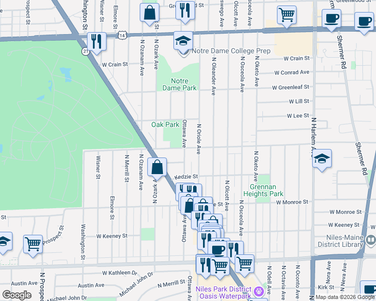 map of restaurants, bars, coffee shops, grocery stores, and more near 7635 West Main Street in Niles