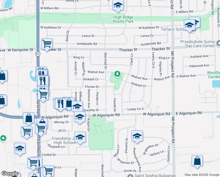 map of restaurants, bars, coffee shops, grocery stores, and more near 1000 Hewitt Drive in Des Plaines