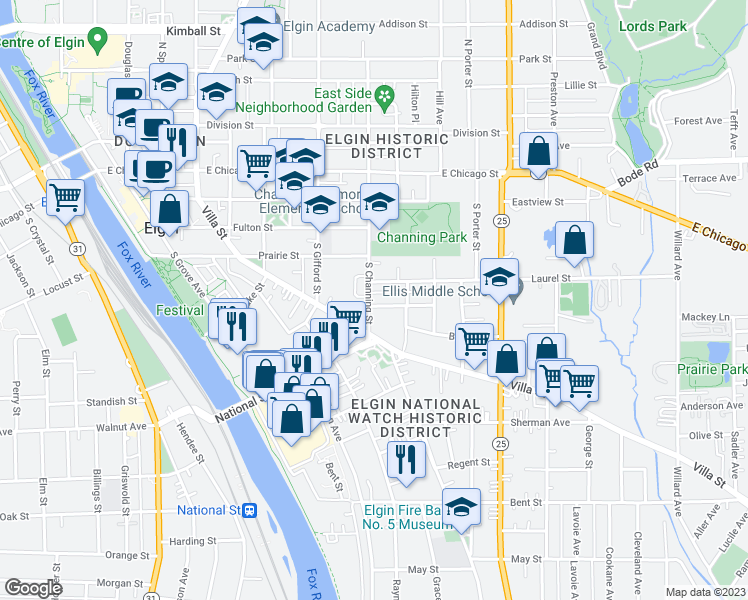 map of restaurants, bars, coffee shops, grocery stores, and more near 450 Stella Street in Elgin