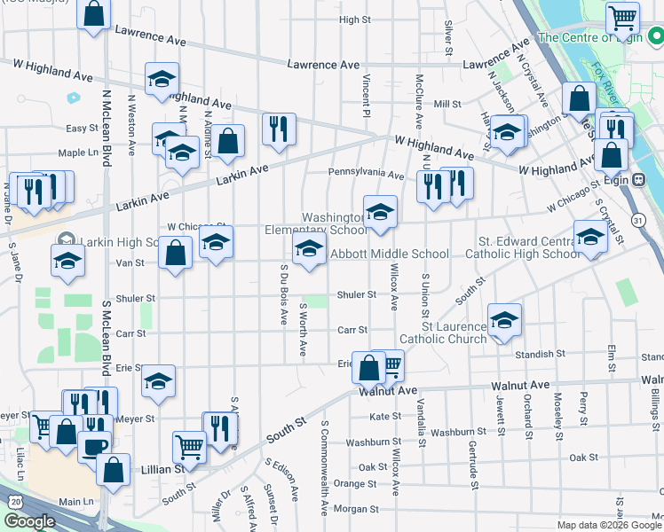 map of restaurants, bars, coffee shops, grocery stores, and more near 871 Van Street in Elgin