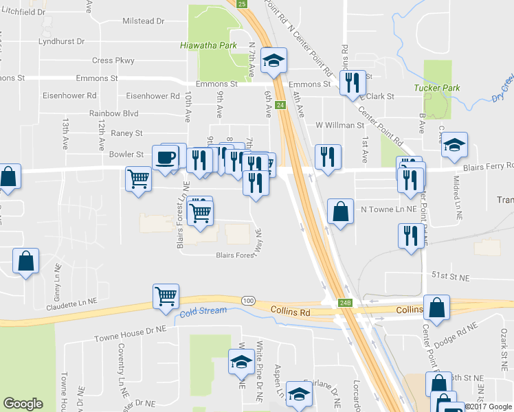 map of restaurants, bars, coffee shops, grocery stores, and more near 5466 Blairs Forest Way NE in Cedar Rapids