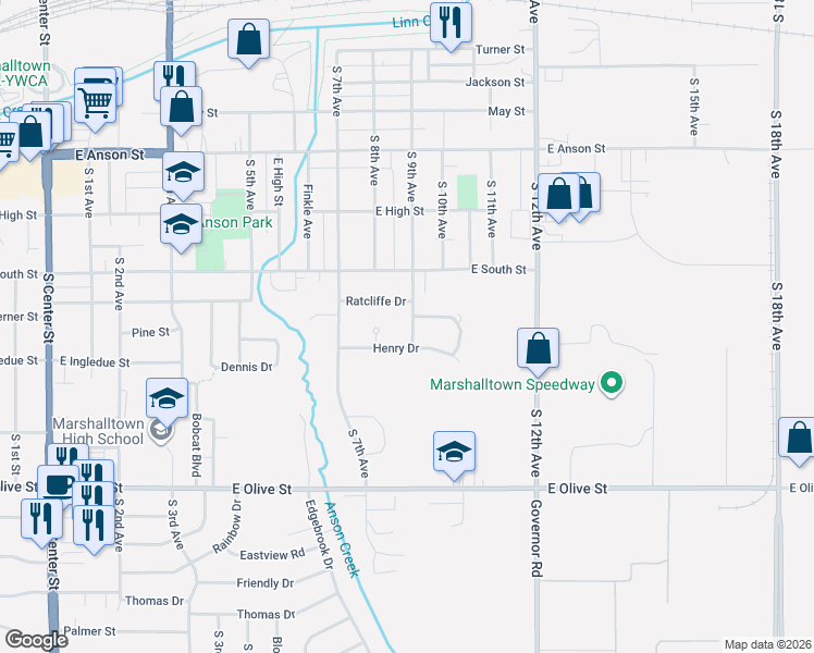 map of restaurants, bars, coffee shops, grocery stores, and more near 1204-1298 South 9th Avenue in Marshalltown