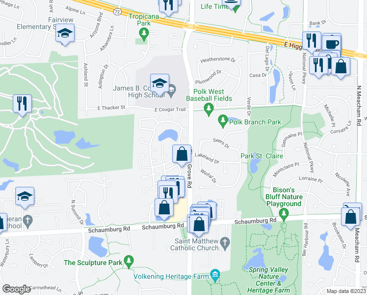 map of restaurants, bars, coffee shops, grocery stores, and more near 755 Lakeview Point in Schaumburg