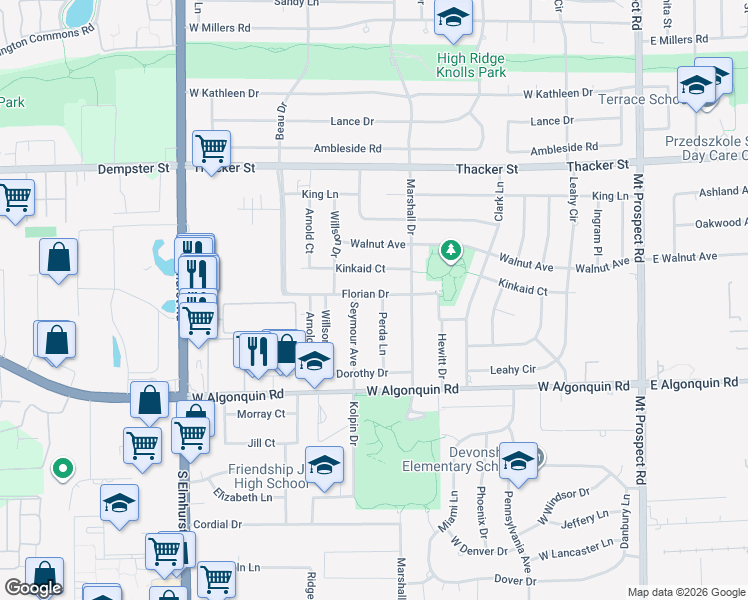 map of restaurants, bars, coffee shops, grocery stores, and more near 485 Florian Drive in Des Plaines