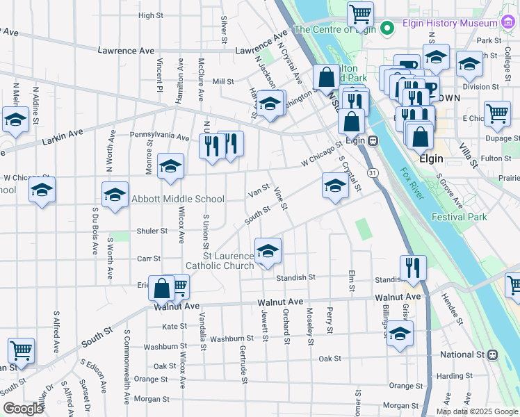 map of restaurants, bars, coffee shops, grocery stores, and more near 532 South Street in Elgin