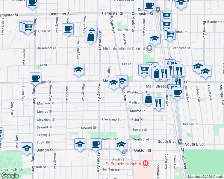 map of restaurants, bars, coffee shops, grocery stores, and more near 1125 Washington Street in Evanston