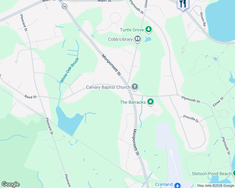 map of restaurants, bars, coffee shops, grocery stores, and more near 302 South Street in Hanson