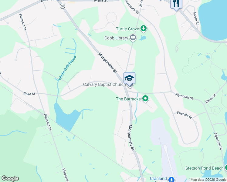 map of restaurants, bars, coffee shops, grocery stores, and more near 302 South Street in Hanson