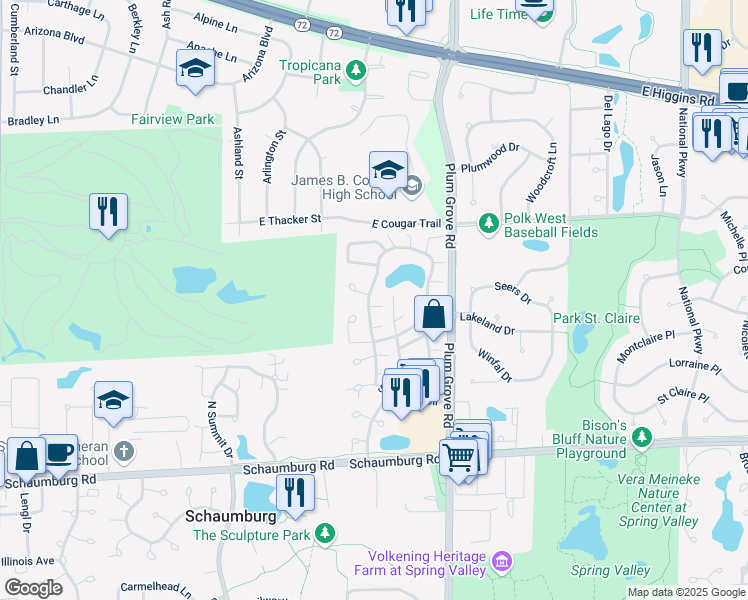 map of restaurants, bars, coffee shops, grocery stores, and more near 634 Bridgeview Point in Schaumburg