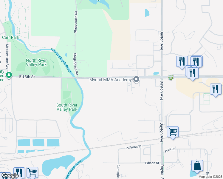 map of restaurants, bars, coffee shops, grocery stores, and more near 1800 East 13th Street in Ames