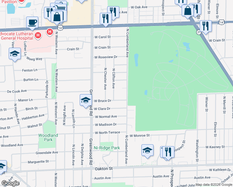 map of restaurants, bars, coffee shops, grocery stores, and more near 8415 North Clifton Avenue in Niles