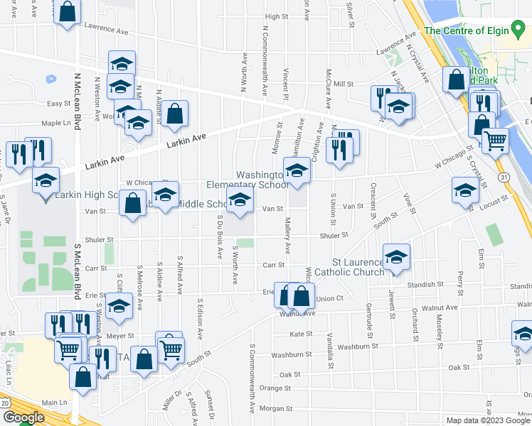 map of restaurants, bars, coffee shops, grocery stores, and more near 871 Van Street in Elgin
