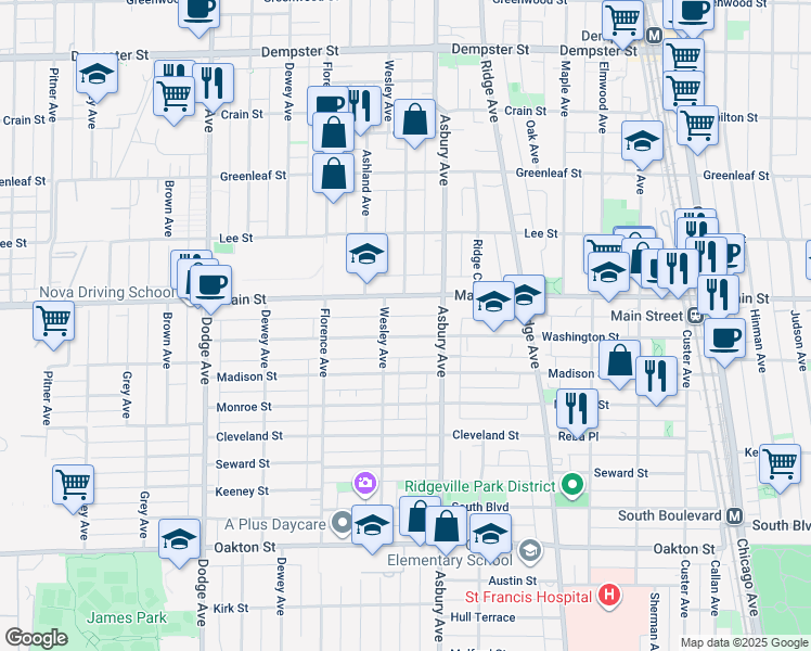 map of restaurants, bars, coffee shops, grocery stores, and more near 1331 Washington Street in Evanston