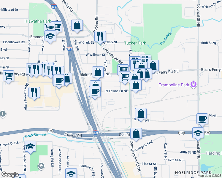 map of restaurants, bars, coffee shops, grocery stores, and more near 2112 North Towne Court Northeast in Cedar Rapids