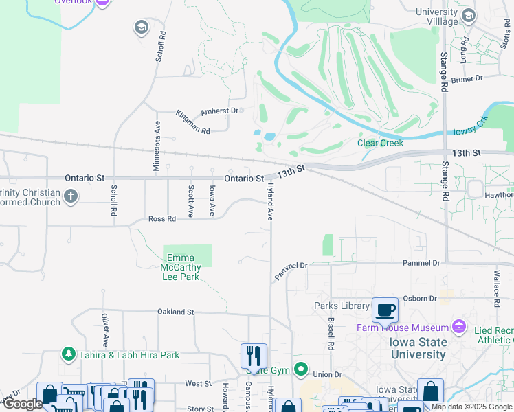map of restaurants, bars, coffee shops, grocery stores, and more near 2824 Ross Road in Ames