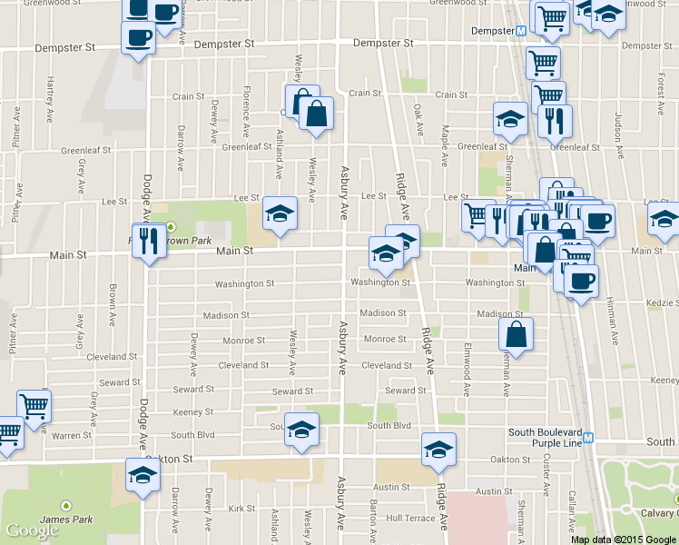map of restaurants, bars, coffee shops, grocery stores, and more near 1303 Washington Street in Evanston