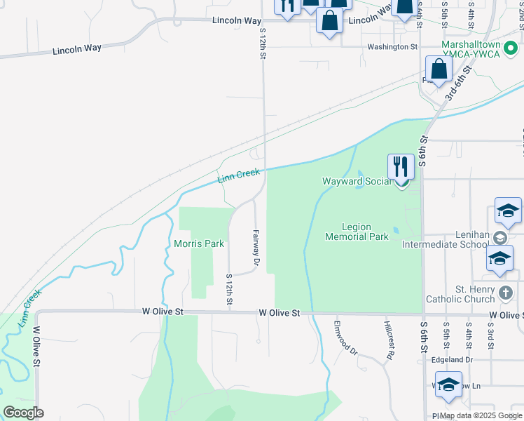 map of restaurants, bars, coffee shops, grocery stores, and more near 1204 Fairway Drive in Marshalltown