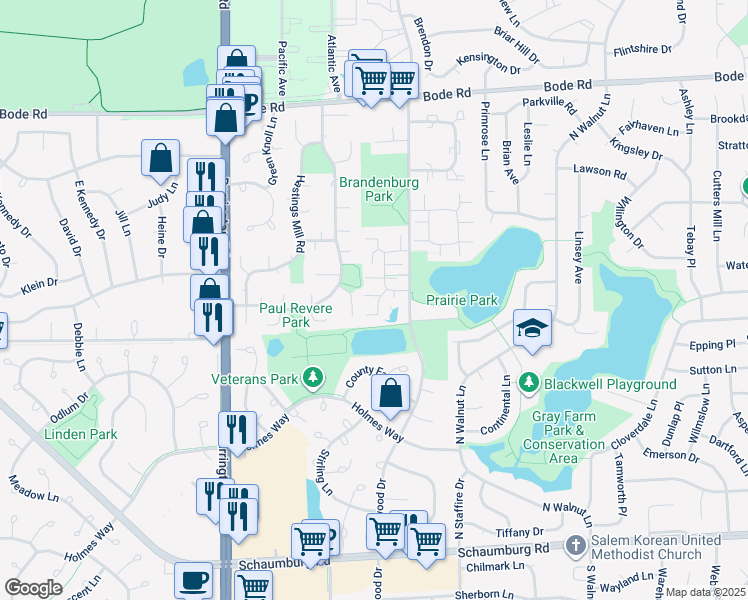 map of restaurants, bars, coffee shops, grocery stores, and more near 439 Lear Court in Schaumburg